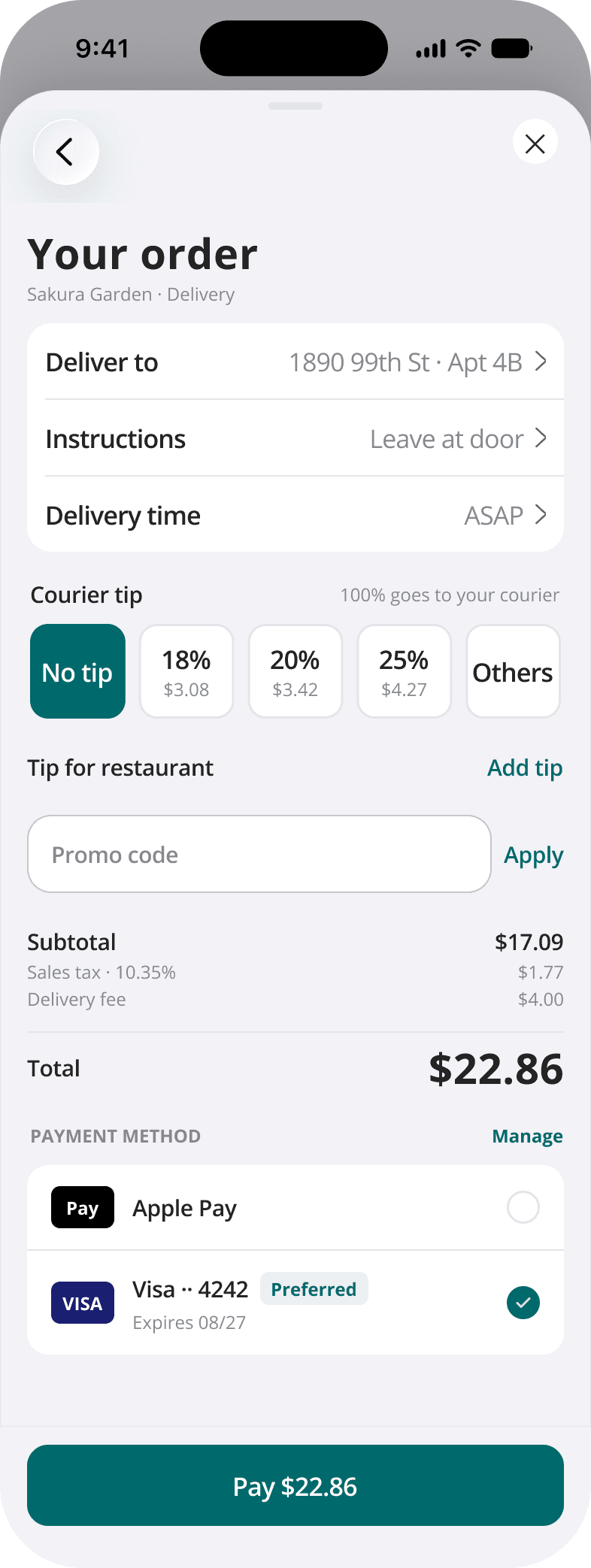 Review before paying. Address, fees, tips and payment method stay in the checkout.