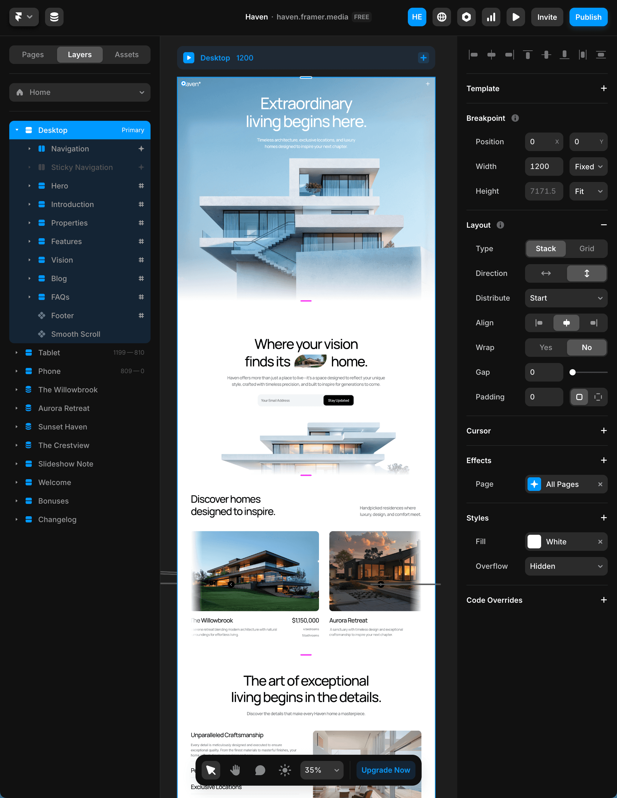 A mobile interface displaying a website layout with images and text sections about real estate or architecture.