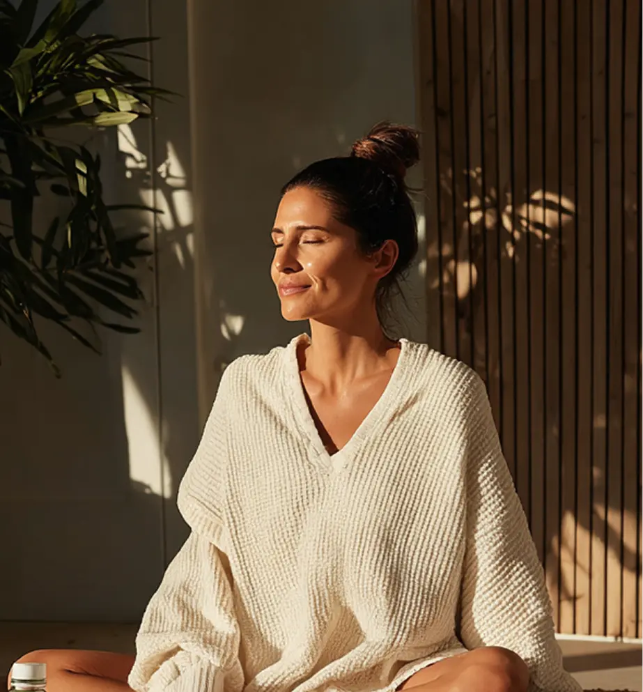 Woman sitting cross-legged indoors, eyes closed while enjoying warm sunlight, wearing a loose light sweater with soft plant shadows on the wall.