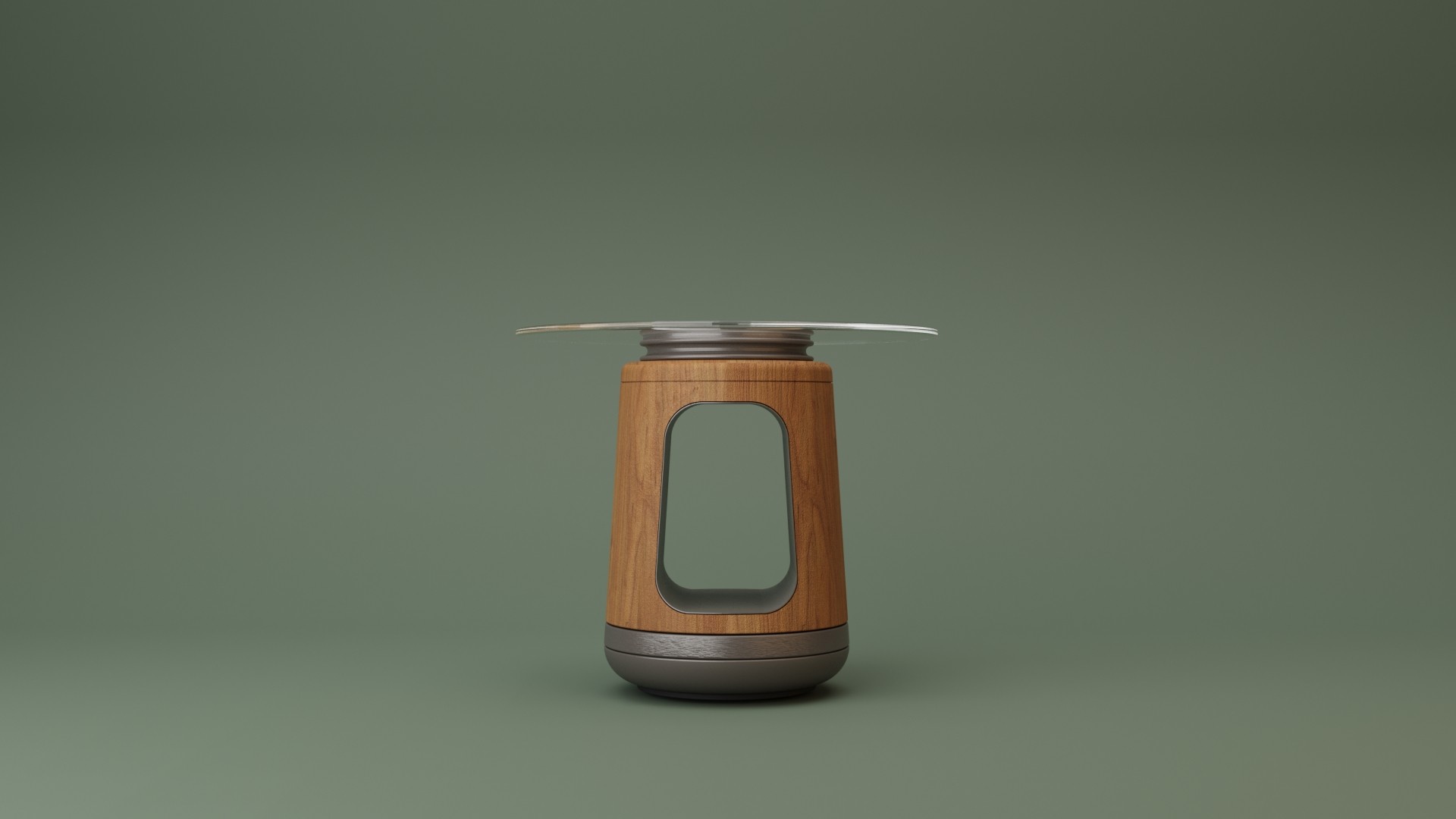 Front view of a modern side table with glass top, wooden body, and metallic base, minimalist furniture design on green background.