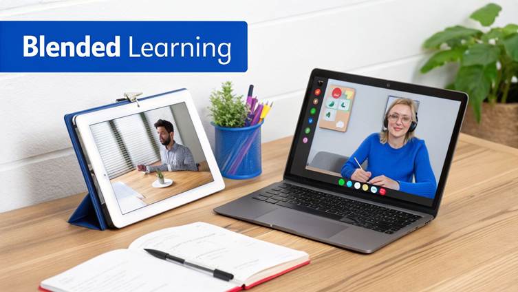 A desk with a laptop and tablet showing video calls, along with a notebook and pen, representing blended learning.
