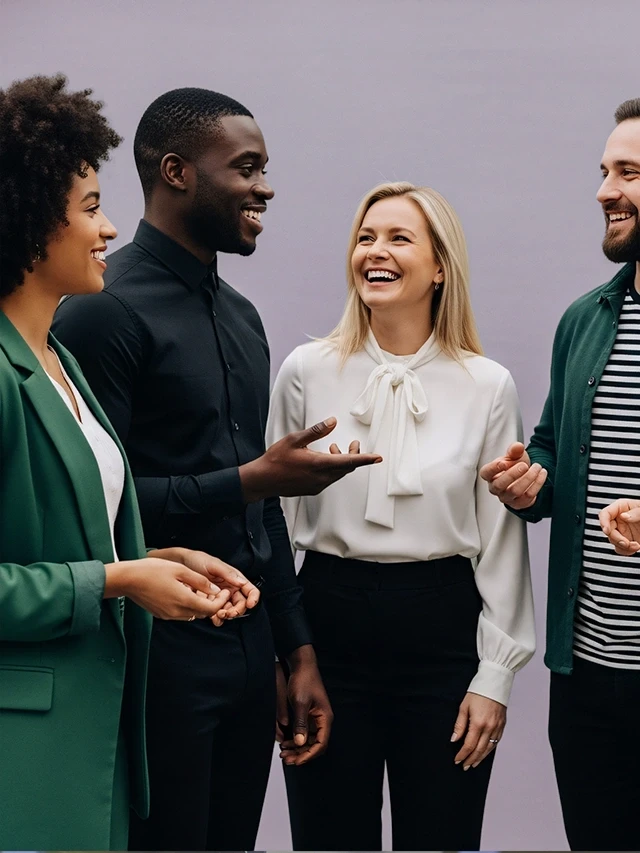 A diverse group of four people in smart-casual attire sharing a cheerful conversation against a grey background.