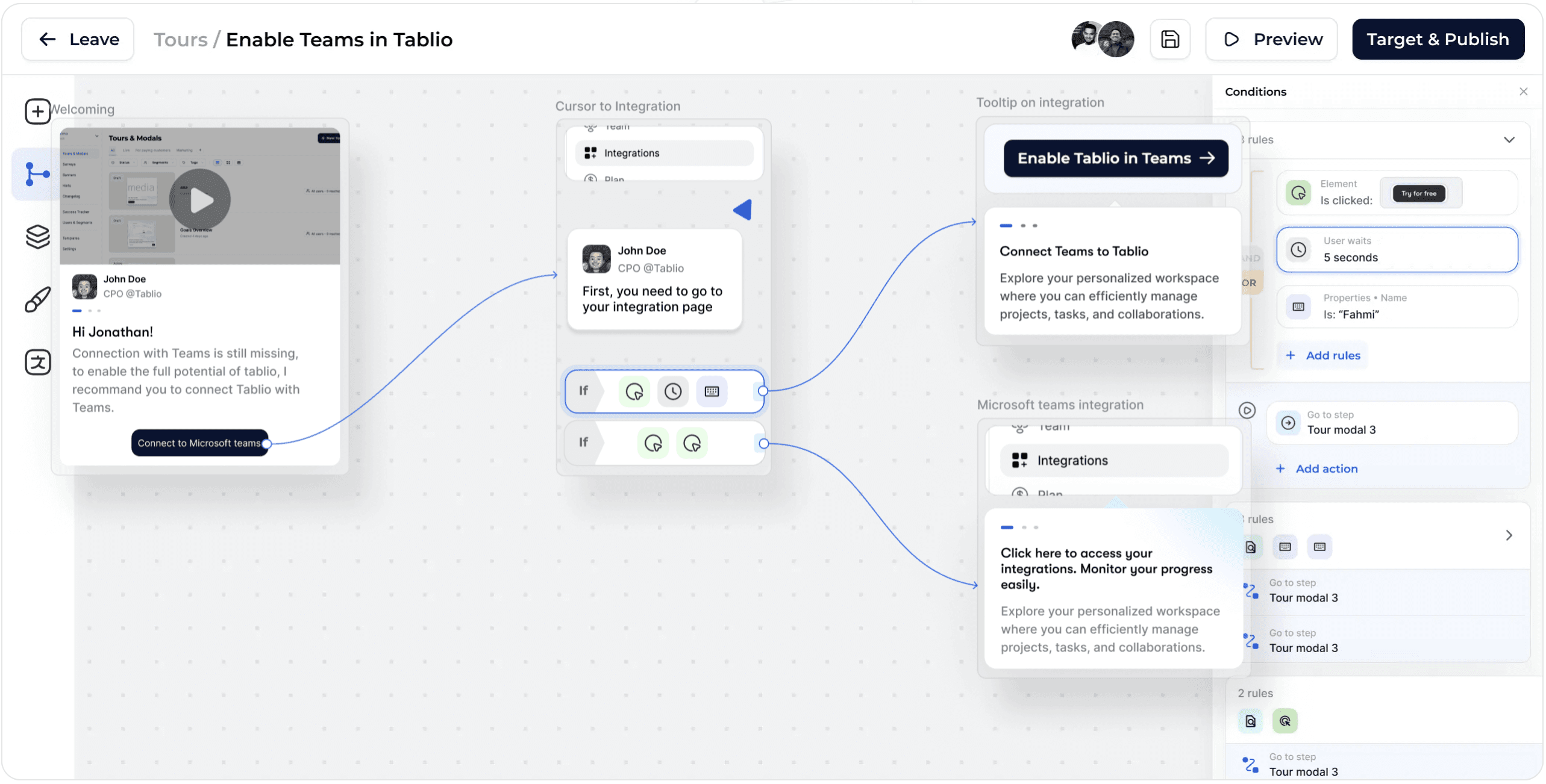 Jimo's visual tour builder lets you design branching onboarding paths with conditions (element clicked, wait time, user properties) so each persona follows a tailored flow, all without code.