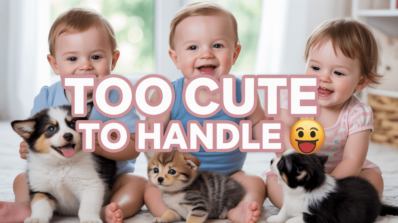 Babies playing with puppies and kittens under warm light with Too Cute to Handle text