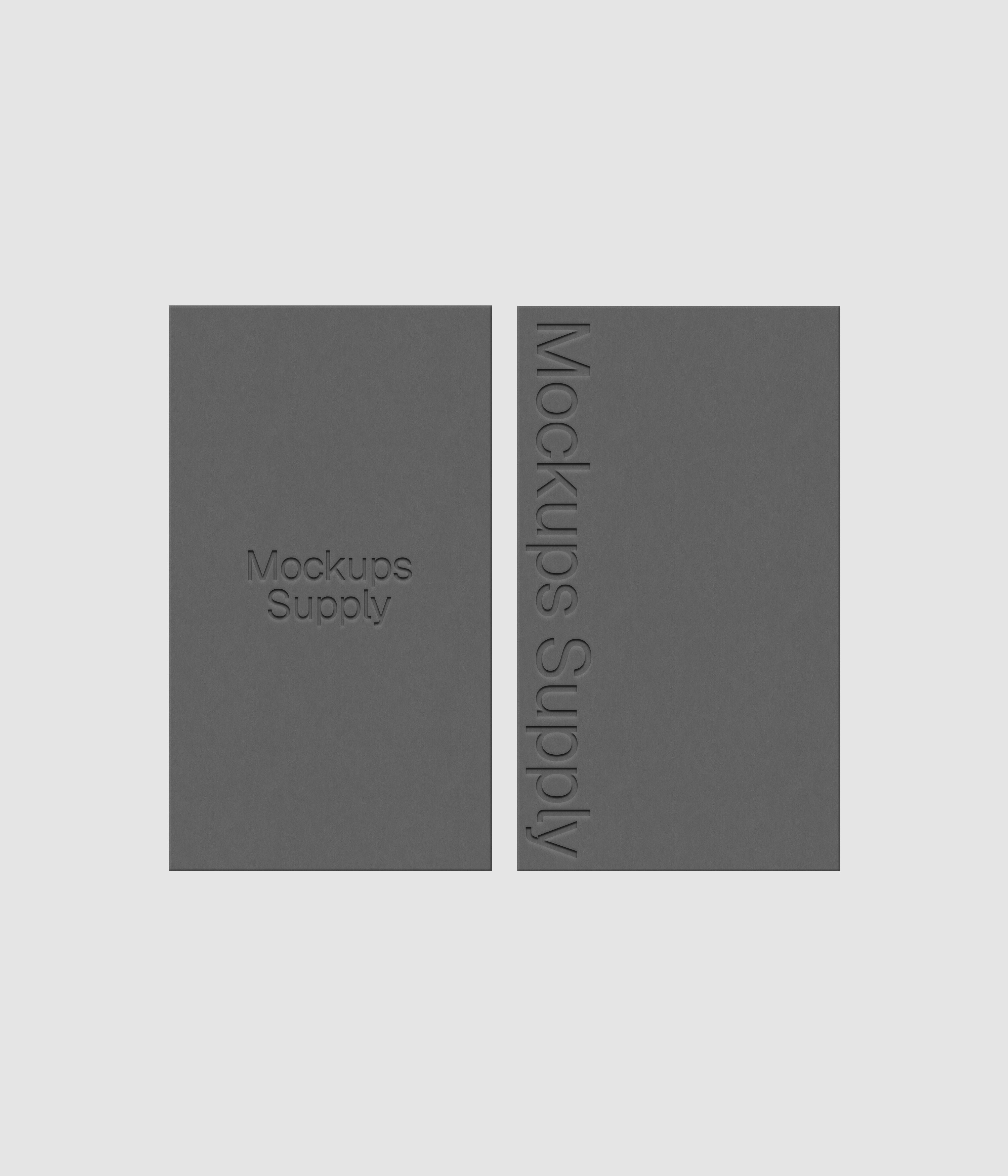 Two business card mockup PSD US Canada portrait with debossed logo effect, gray cards on white background, clean modern stationery mockup for brand identity