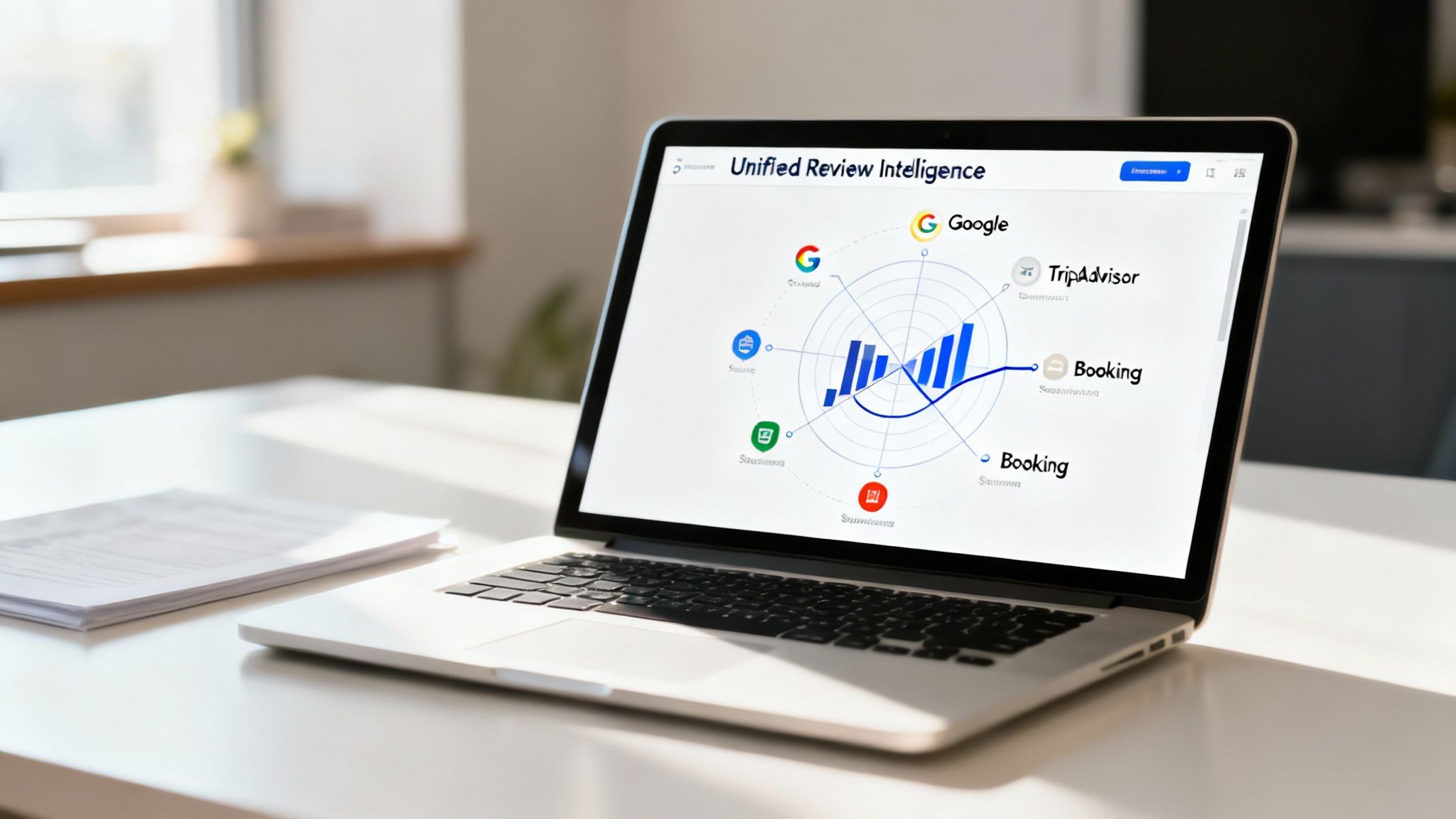 Laptop showing a unified review intelligence dashboard with Google, TripAdvisor, and Booking data on a white desk.
