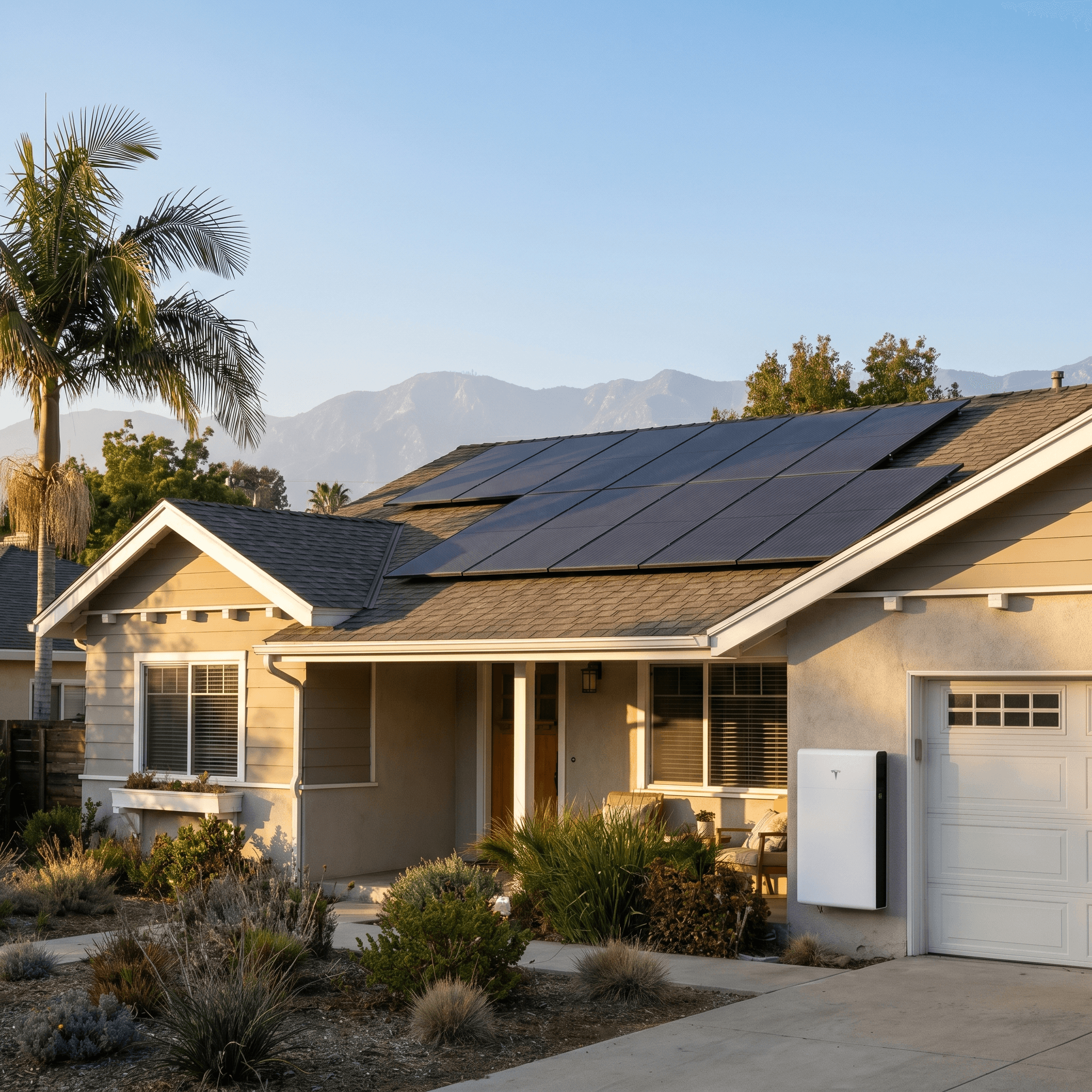 Pasadena-style craftsman home, solar on shingle roof, wall battery, San Gabriel mountains, golden hour.