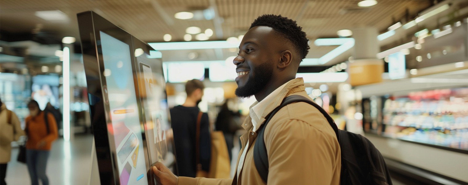 A man looks into a retail computer vision camera while operating a touch-screen kiosk.