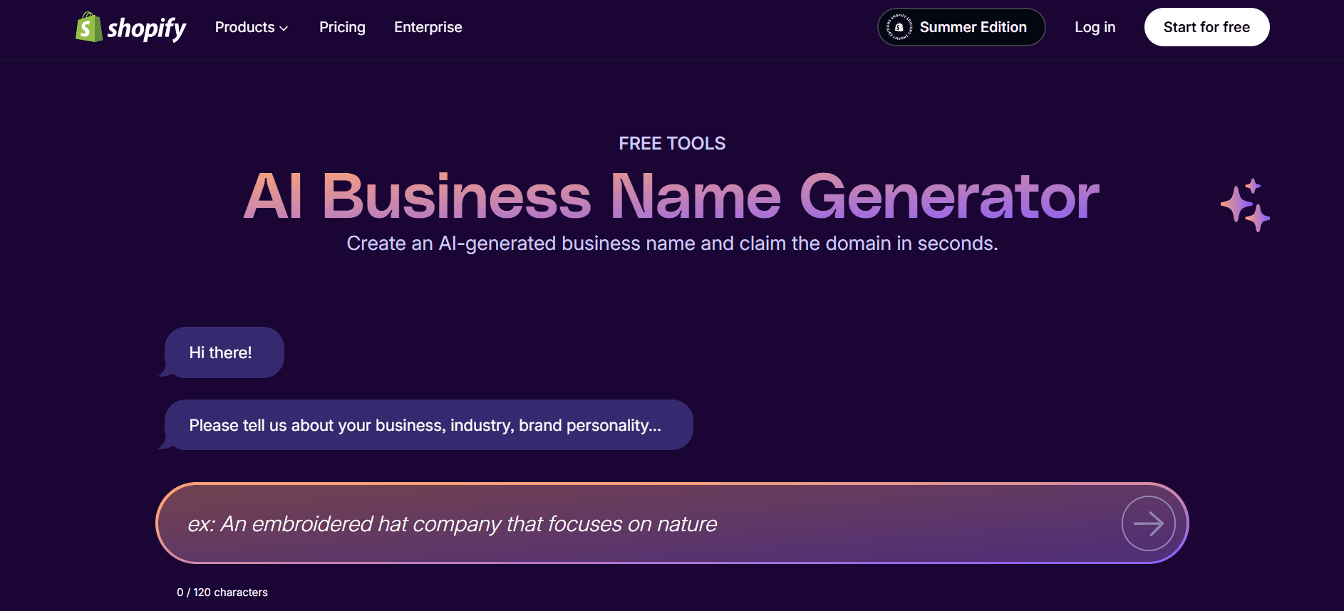 Shopify Business Name Generator‘s homepage