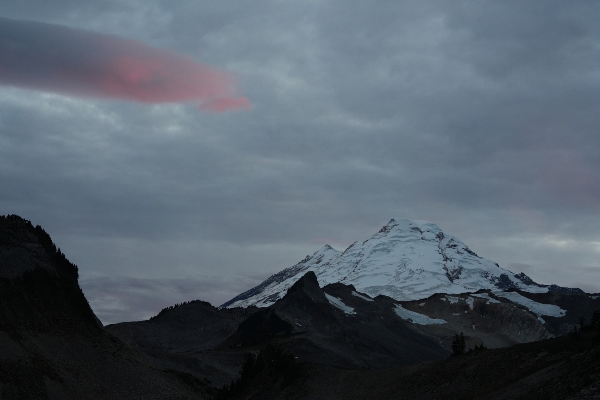Clouds gathering around Mount Baker during changing fall weather