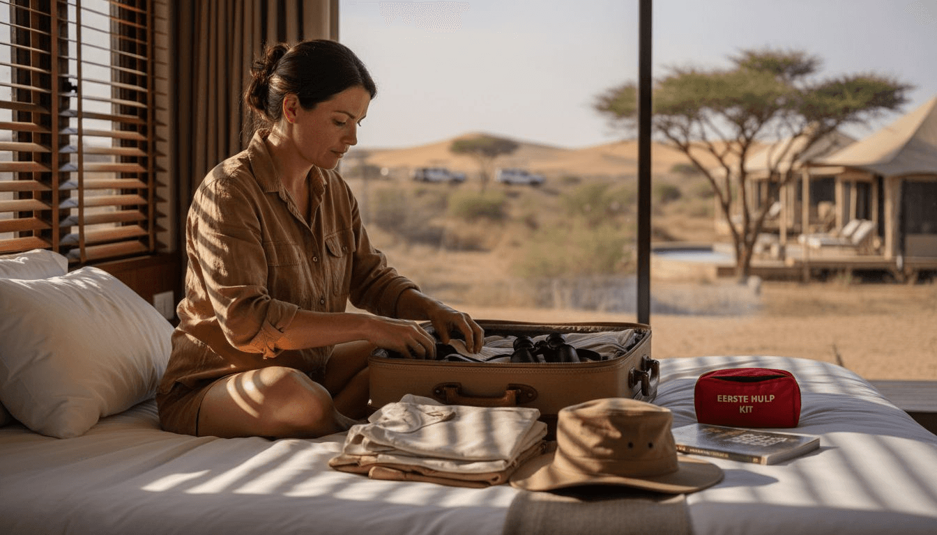Woman organizing safari essentials on bed