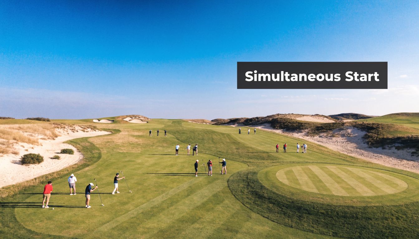 A wide angle view of multiple golfers starting their game simultaneously on a scenic golf course.