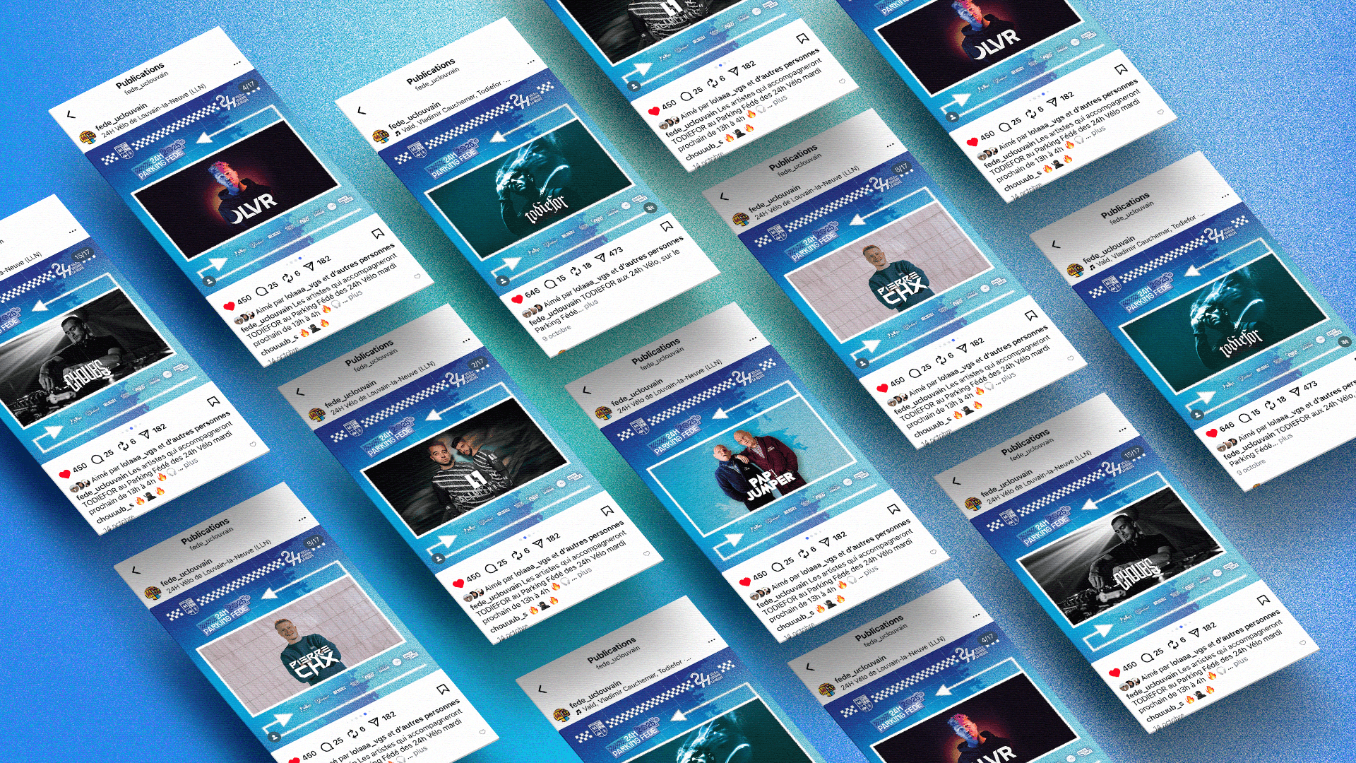 A grid of Instagram post mockups showcasing artist announcements for the 24H Parking Fédé event, all using a sharp blue racing-themed identity.