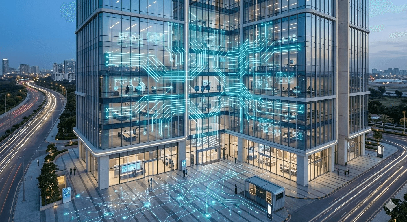 High-tech office building facade in Sector 113 Gurugram featuring a glowing digital circuit board hologram.