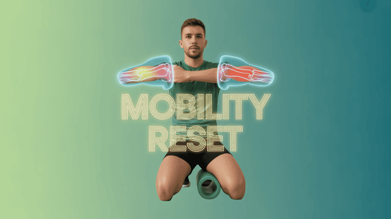 Mobility Reset Routine Thumbnail Template featuring trainer kneeling with foam roller, translucent joint icons highlighting hips and shoulders