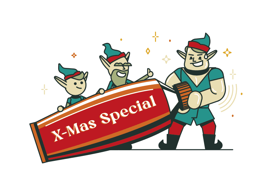 Funny illustration of three Christmas elves trying to open a huge tube.