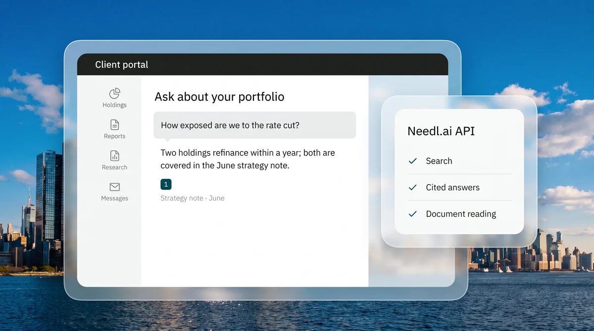 Needl.ai's search and cited answers built into a company's own client portal through the API