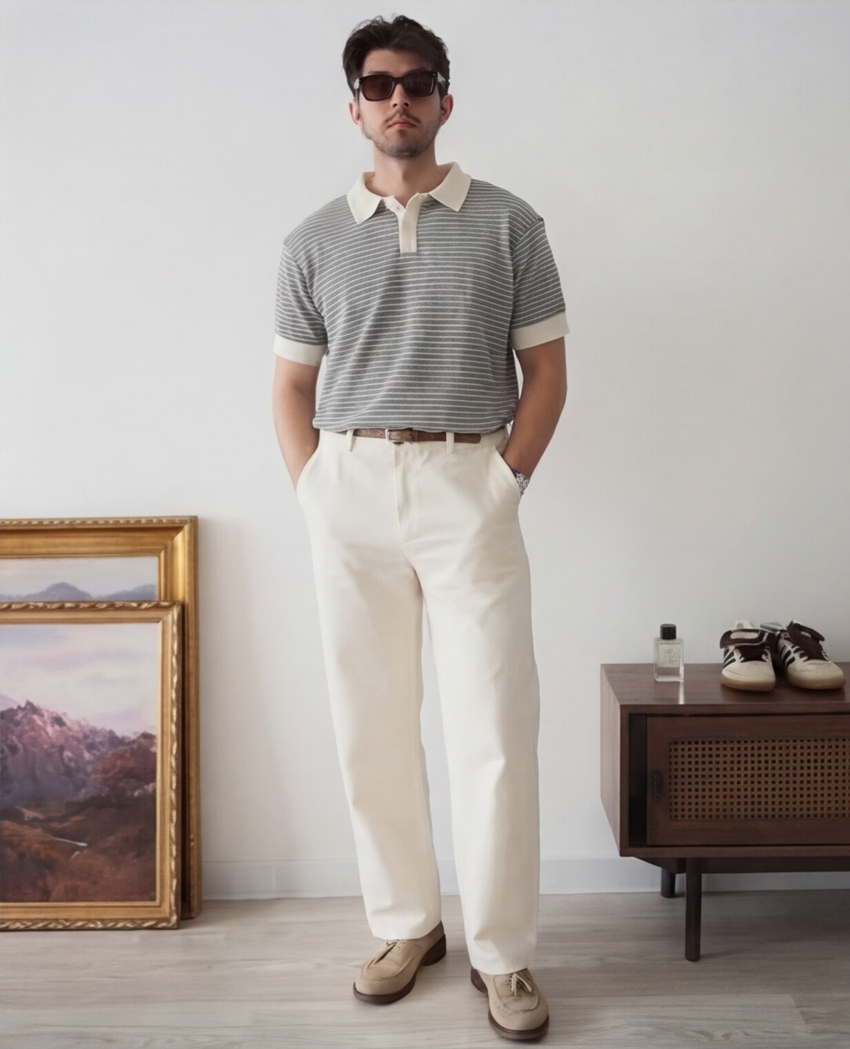 Grey Striped Polo with Cream Relaxed Trousers