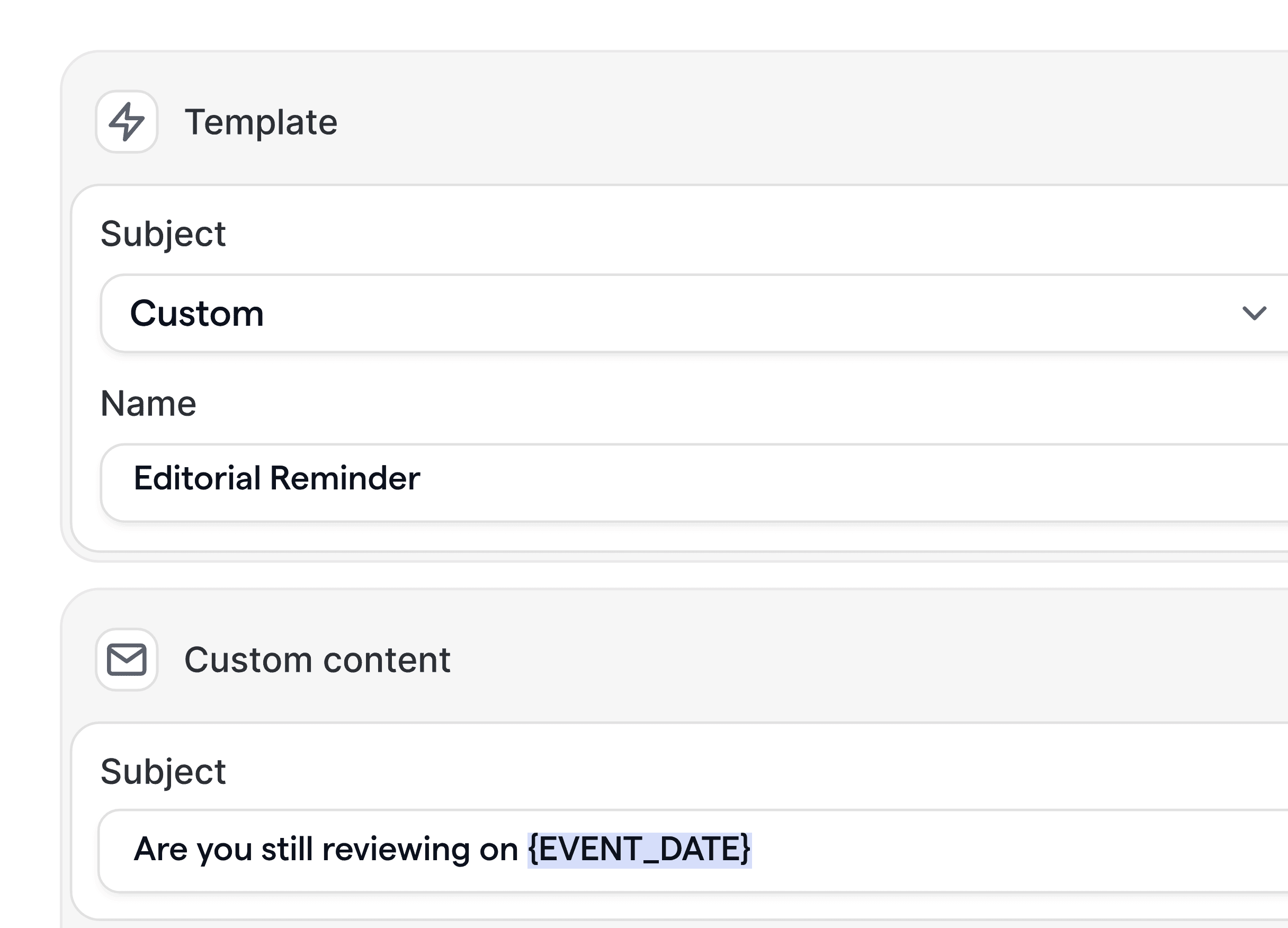 Template editor showing branded email content for editorial reminders and approvals.