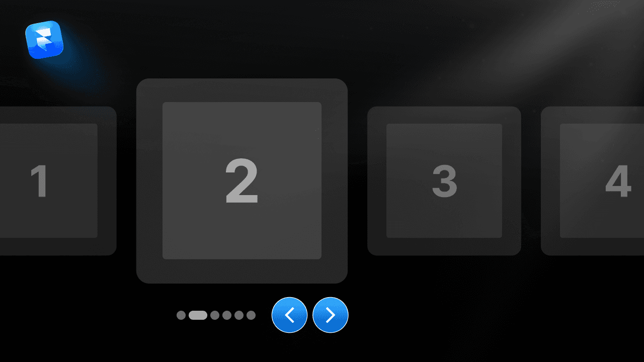Carrousel Framer avec slides numérotées, flèches de navigation et indicateur de progression