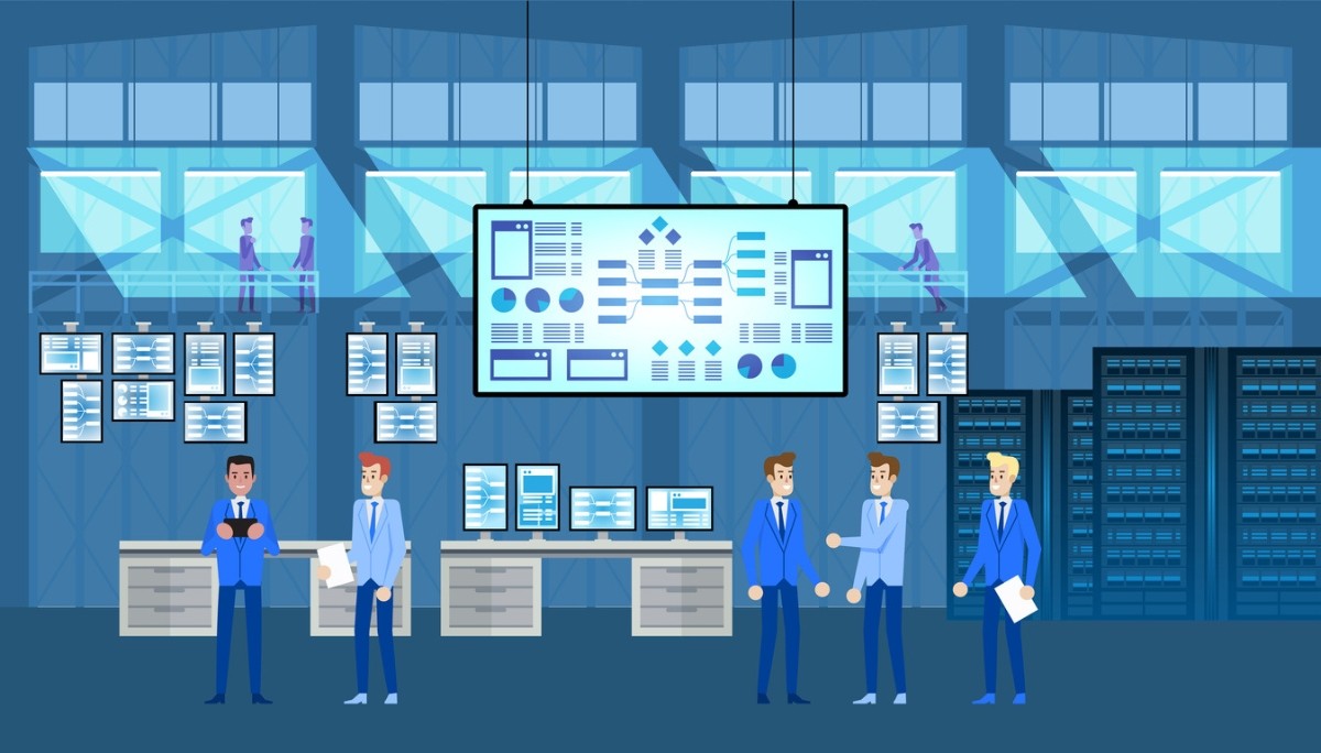 Illustration of a high‑tech control room with multiple screens displaying charts, graphs, and data flows, where professionals collaborate on analytics and IT operations, representing the design of big data pipelines with architecture, automation, and scalability.