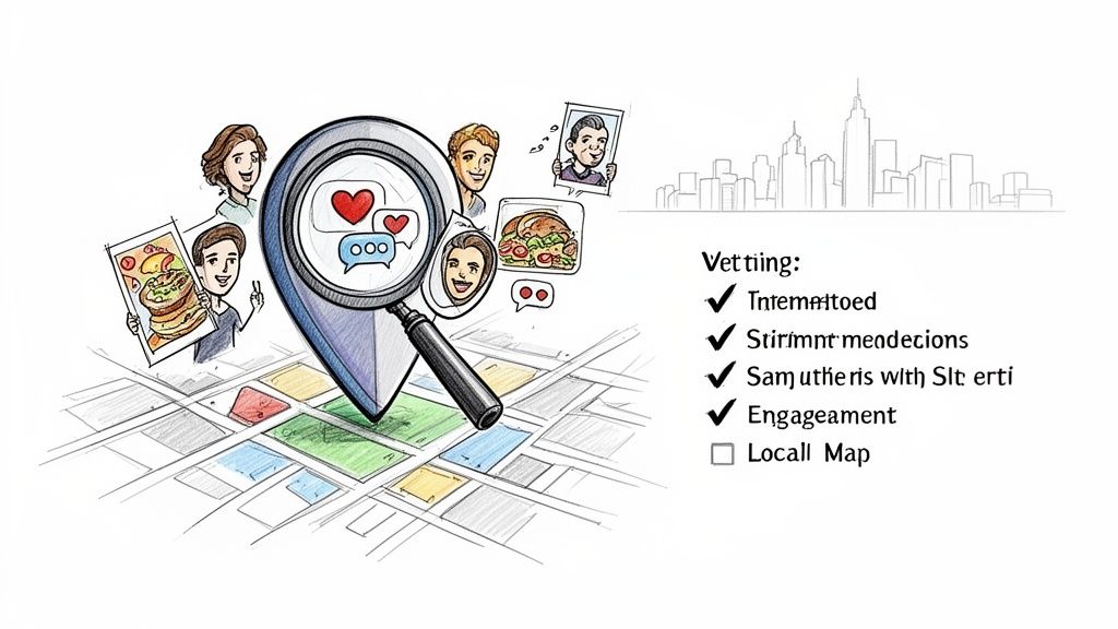 Illustration of people sharing food content and social media interactions focused on a local map, with a vetting checklist.