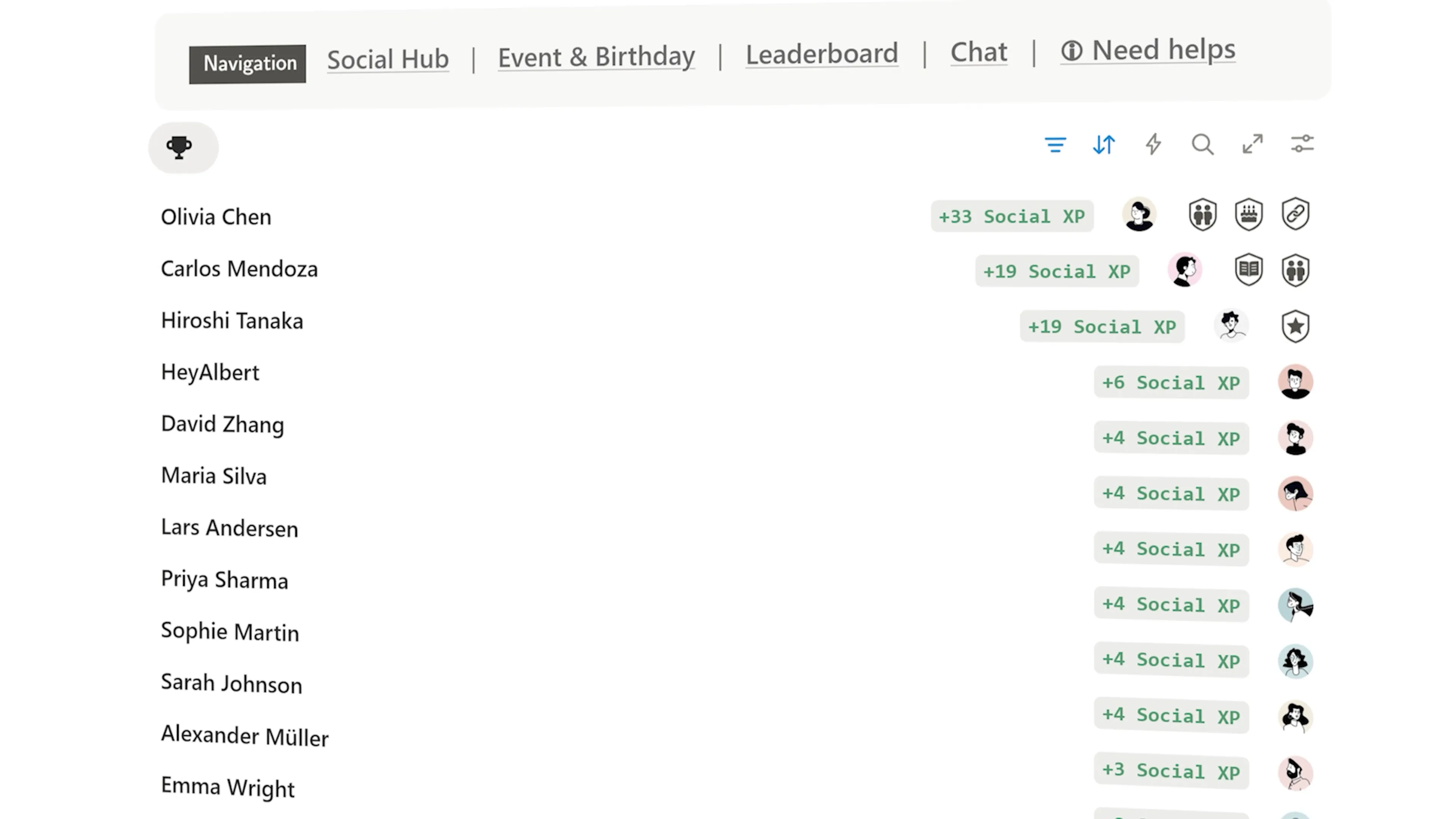 Social Hub navigation and a vertical friends list with green '+X Social XP' badges on the right.