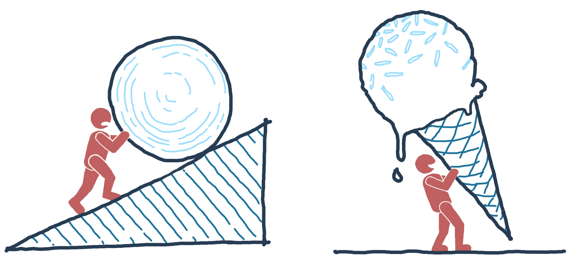 Sketch of Man Pushing Ball Uphill & Man Carrying Ice Cream Cone