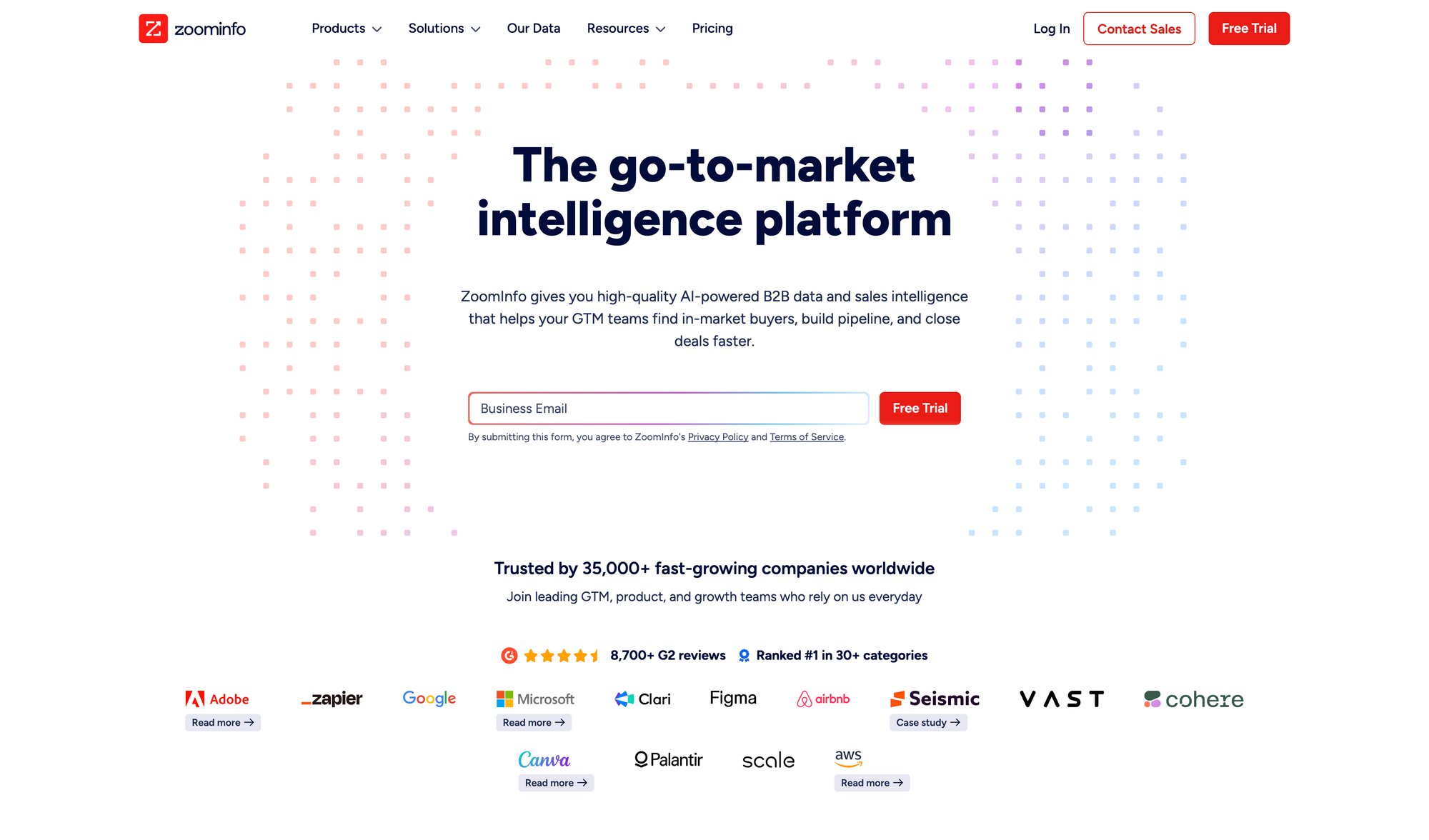 ZoomInfo's landing page showcasing their go-to-market intelligence platform, free trial form, and client trust logos.