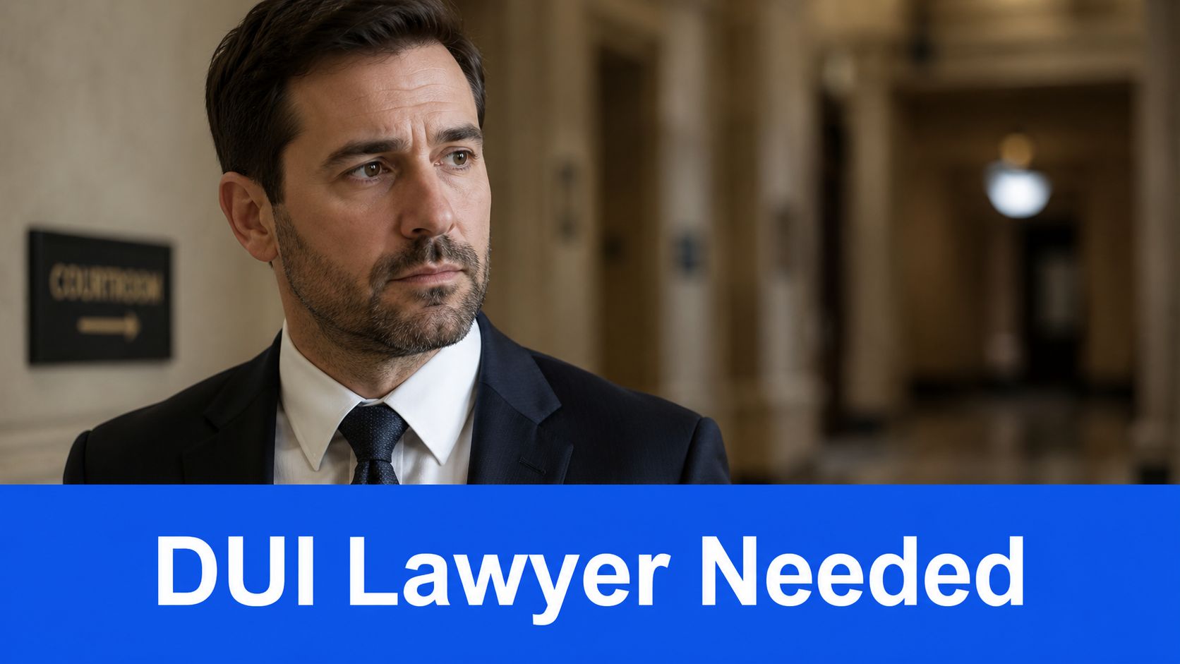 A professional man in a suit standing in a courthouse hallway, representing a DUI lawyer concept.