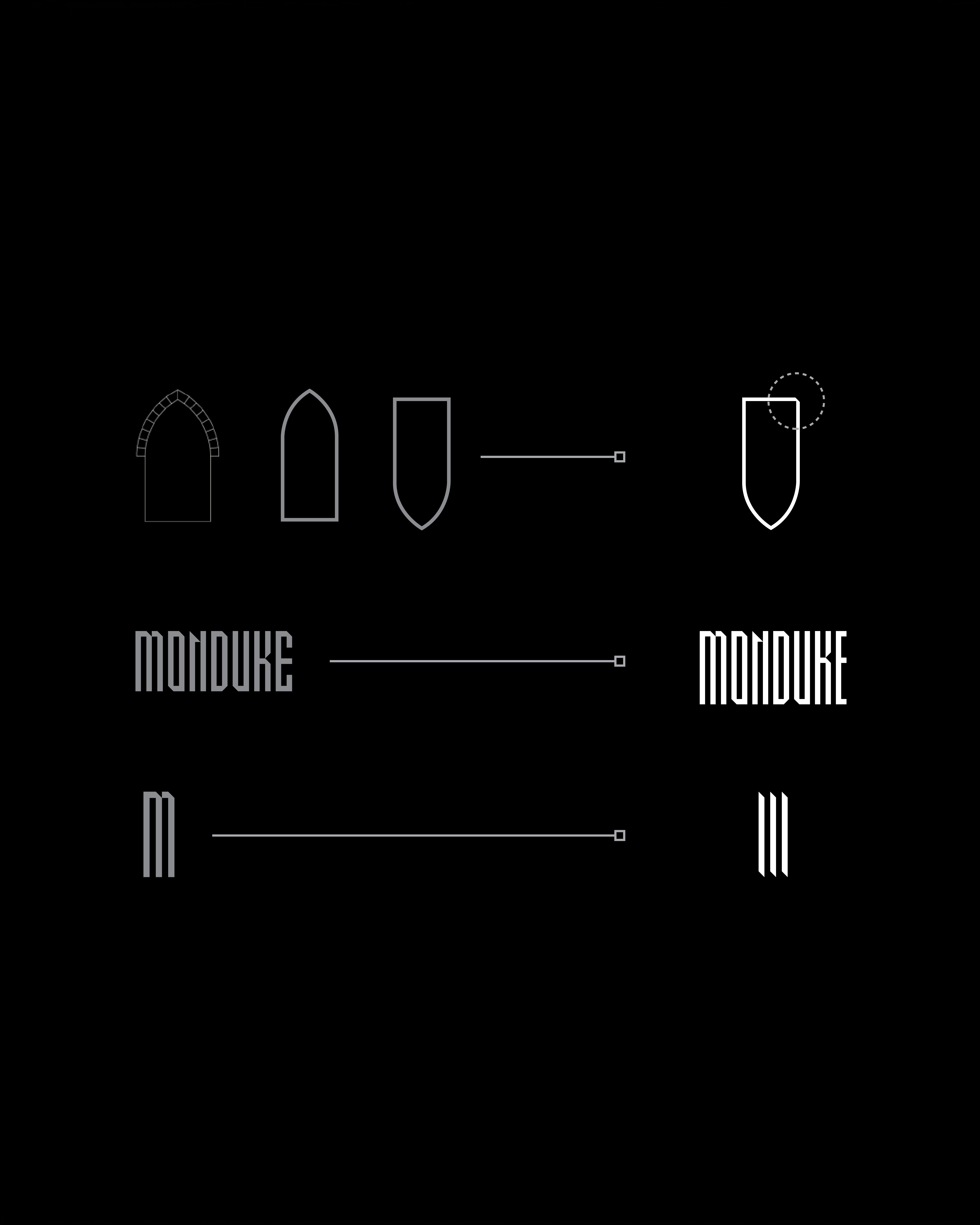 Monduke logo construction diagram from gothic arch to shield silhouette, brand identity design by Sebastian Saavedra