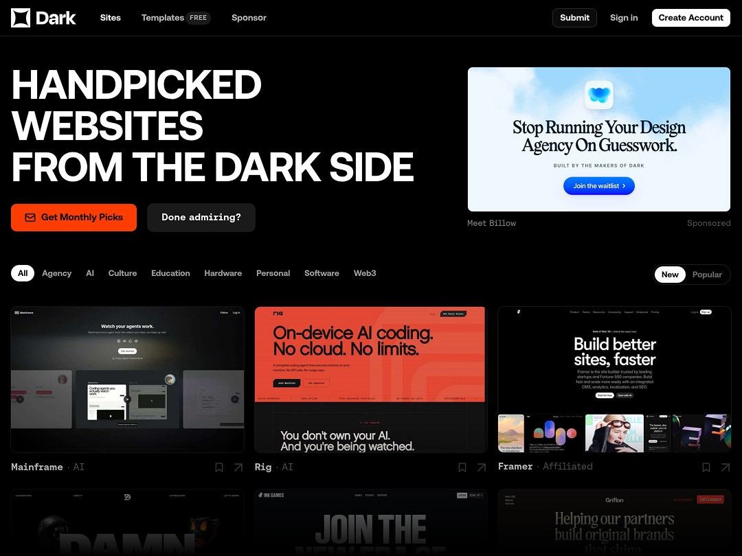 Dark-themed website showcasing curated design selections and categories.