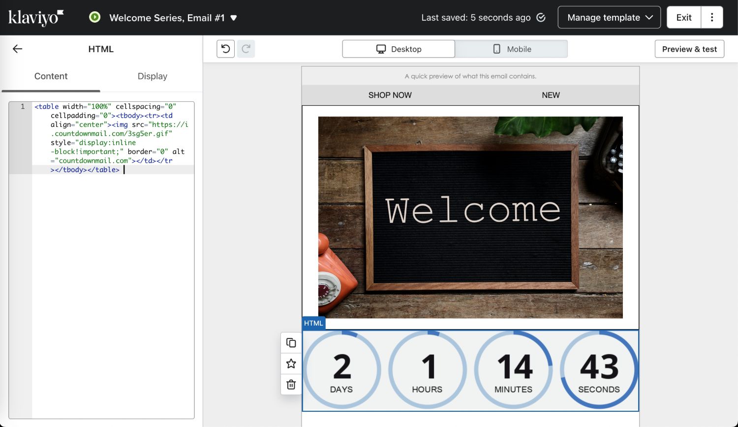 Klaviyo Embed Code Screenshot: "Klaviyo email editor displaying a countdown timer with HTML embed code and a welcome message in the email design preview."