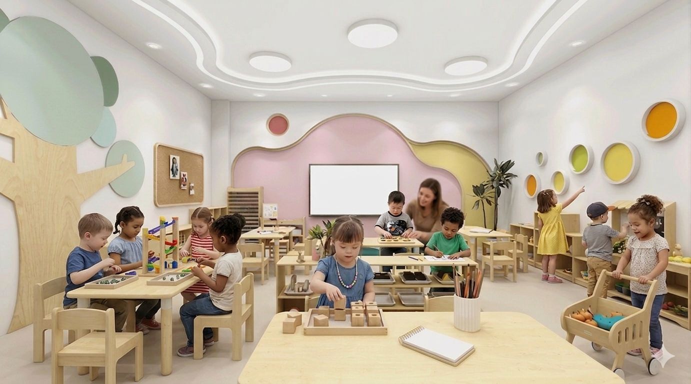 A group of people sitting around a table in a room