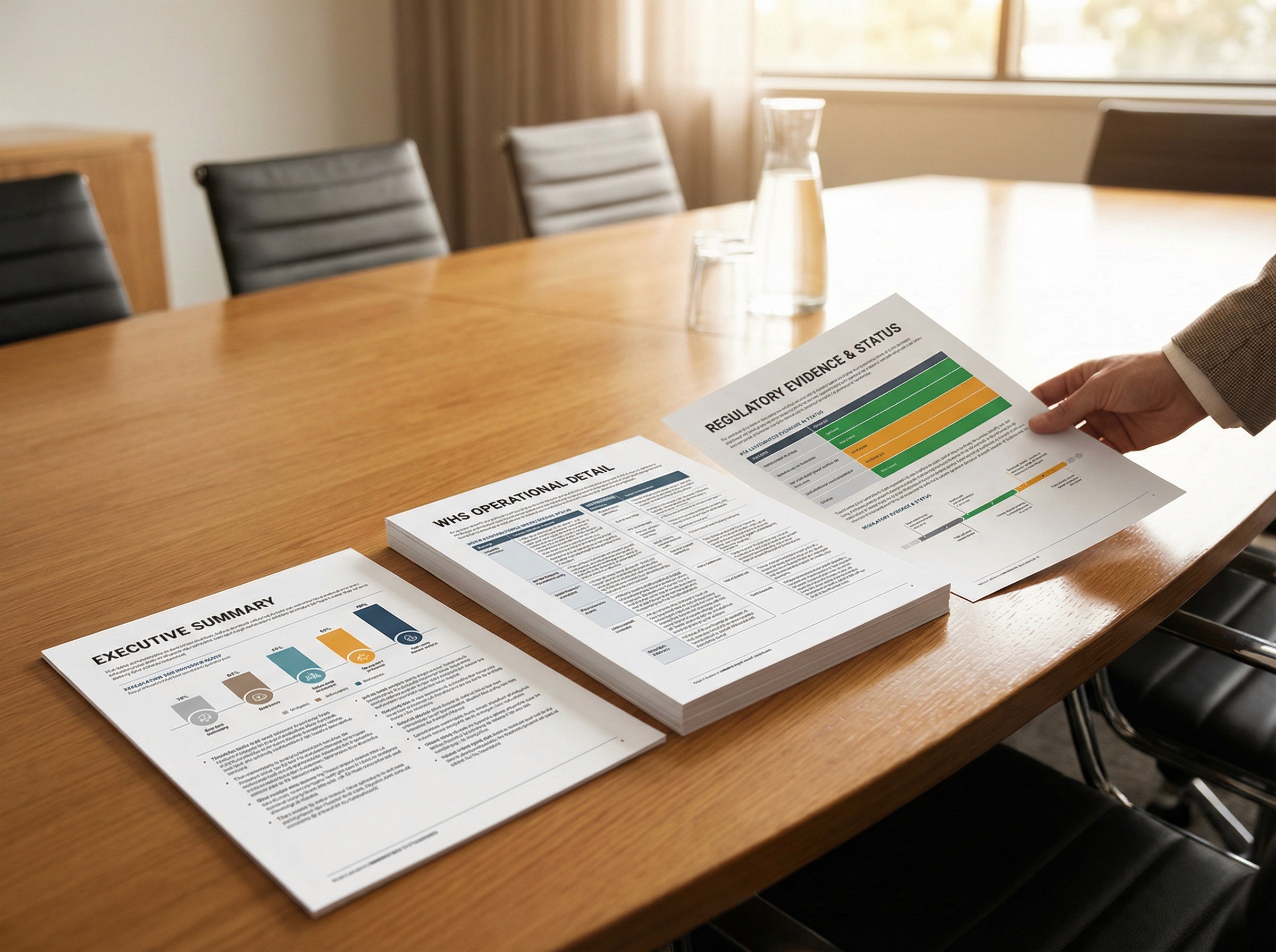 Three printed reports fanned out on a warm timber boardroom table, each clearly distinct in format and density — one is concise and executive-summary-style with large summary blocks and a chart, one is detailed with dense structured sections and tables, and one is mid-length with coloured status indicators and a timeline. All three are printed on clean white paper, face-up, partially overlapping, clearly different versions of reporting on the same subject for different readers. A hand is visible at the edge of frame, placing or adjusting the third report.