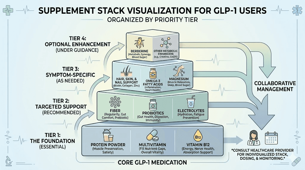Complete GLP-1 vitamin and supplement stack organized by importance and priority