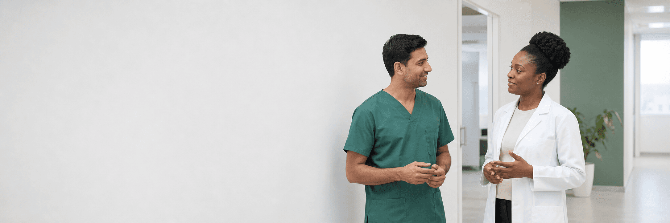 Clinicians in bright outpatient clinics. AI-generated demo scenes.