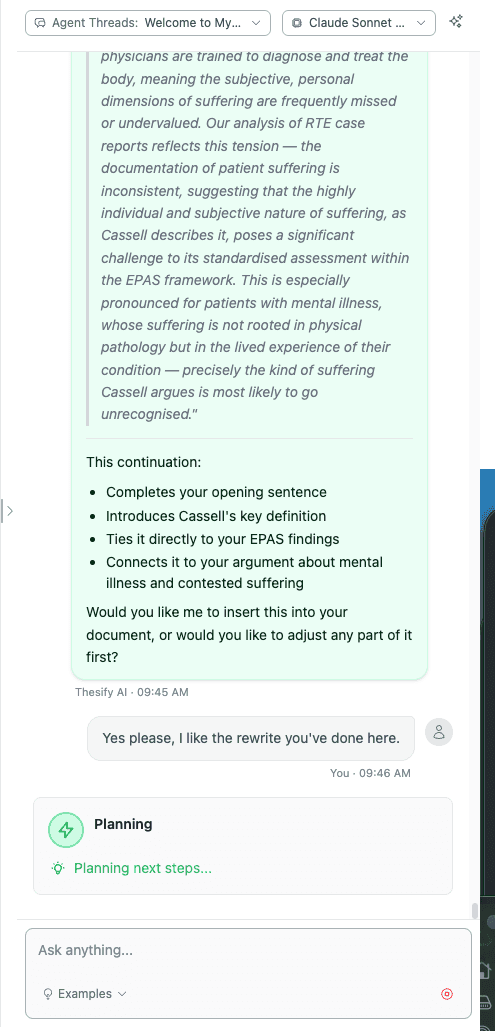 The thesify Coauthor chat panel proposing a paragraph continuation and asking the user if they want to insert it into the document.