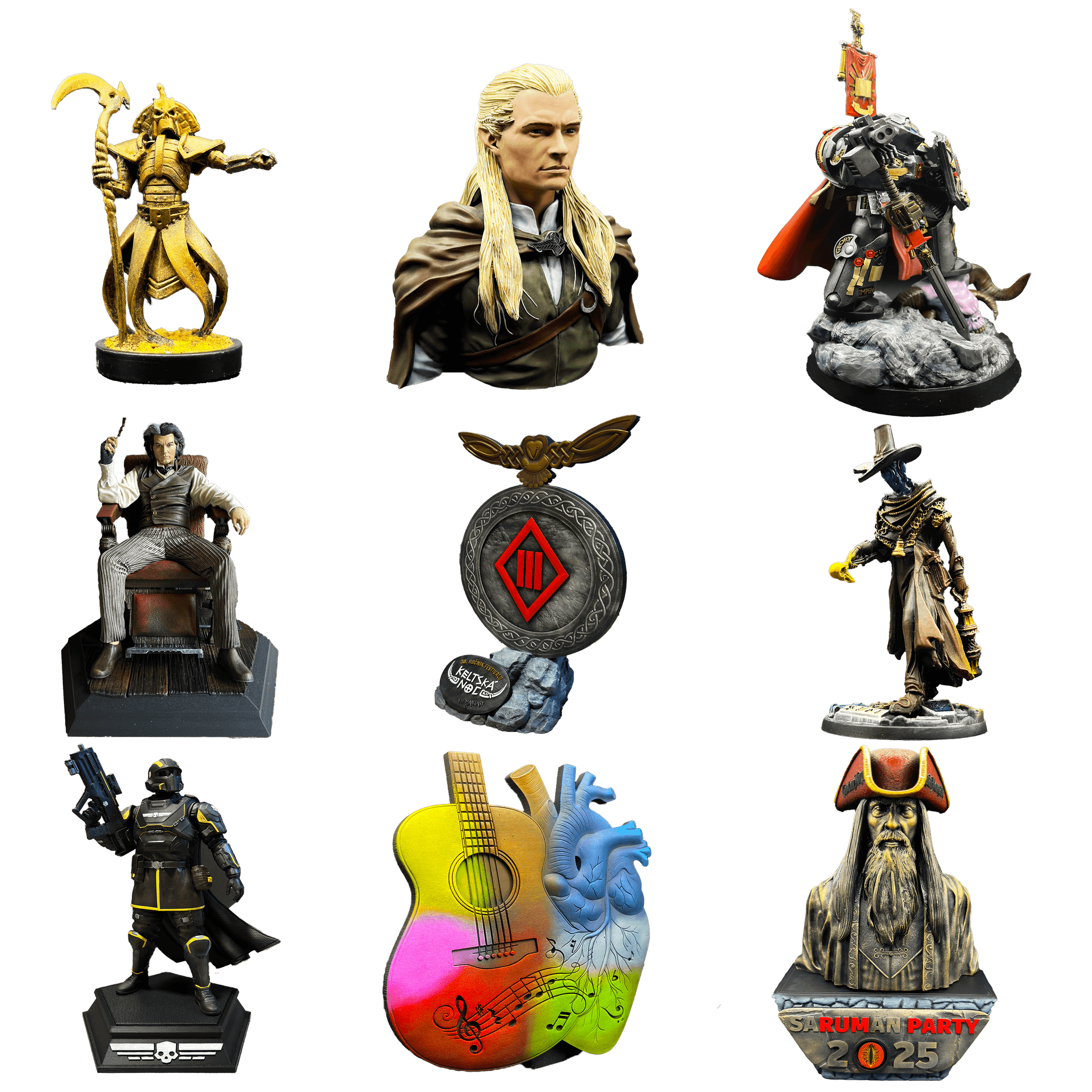 Koláž ručně malovaných figurek – fantasy, filmové i herní motivy, pozadí pro přihlášení k odběru novinek