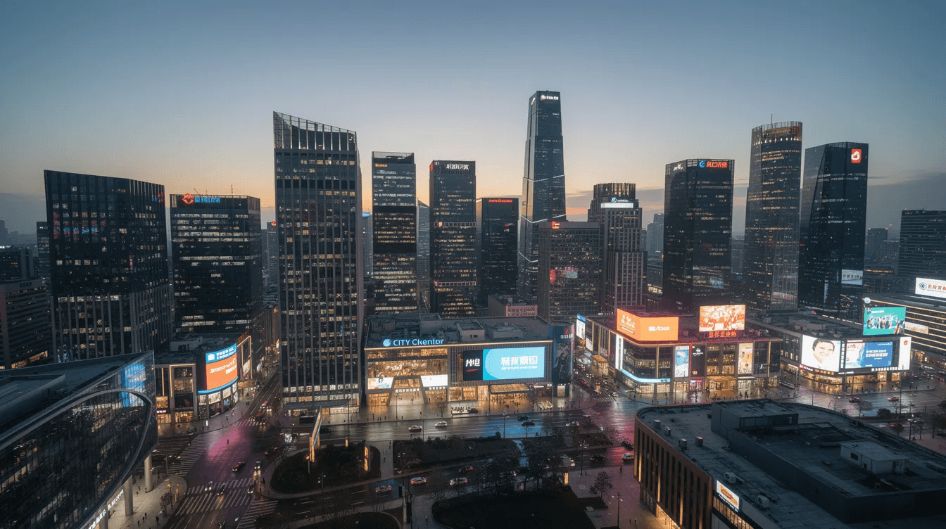 The image showcases a wide view of a modern city skyline at dusk, featuring diverse commercial buildings adorned with illuminated signage. This vibrant scene reflects the innovative solutions and creative design offered by design agencies in Dubai, highlighting the competitive edge of businesses in a bustling urban environment.