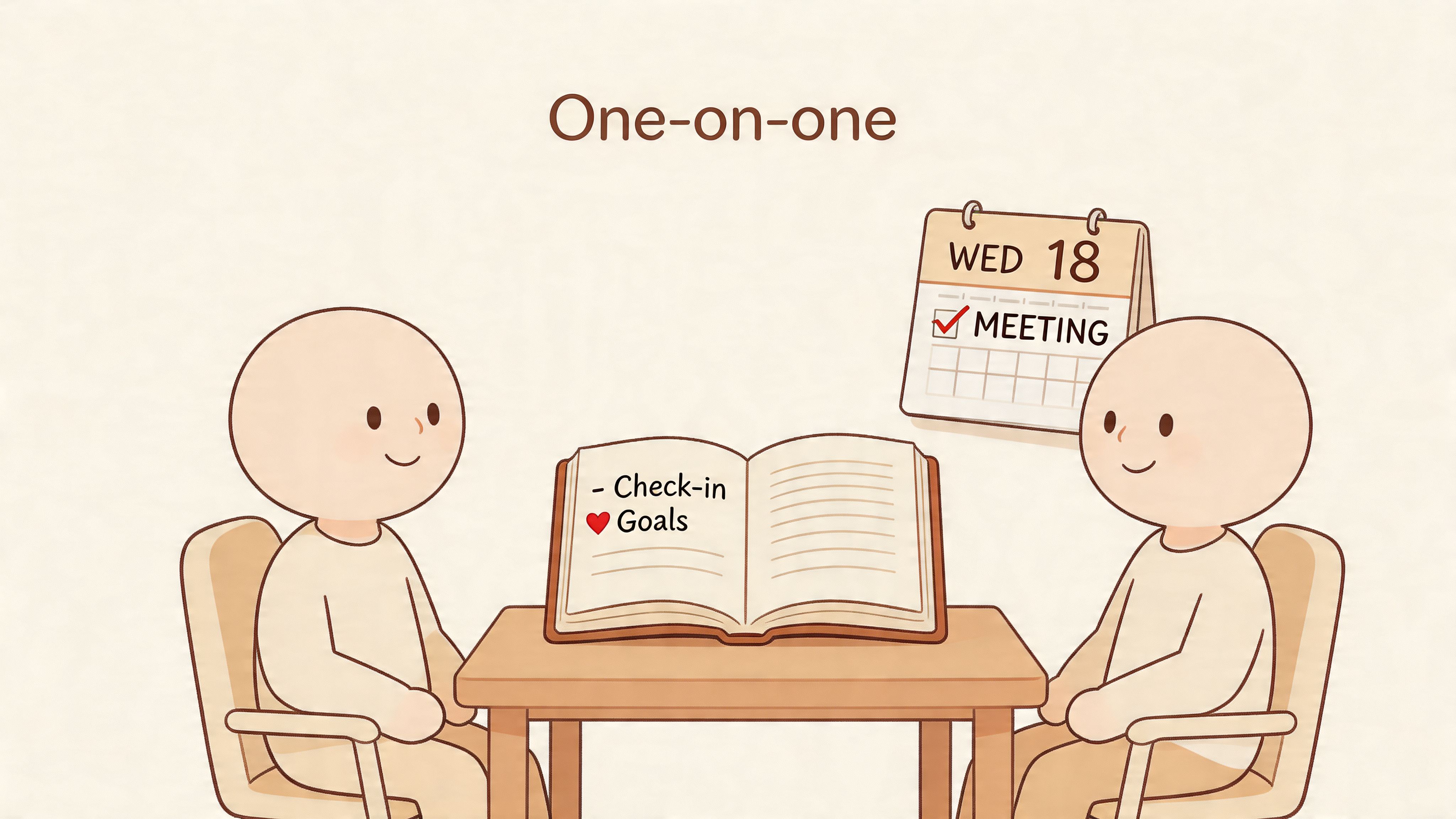 A friendly illustration of two people sitting at a desk having a one-on-one goal setting meeting.