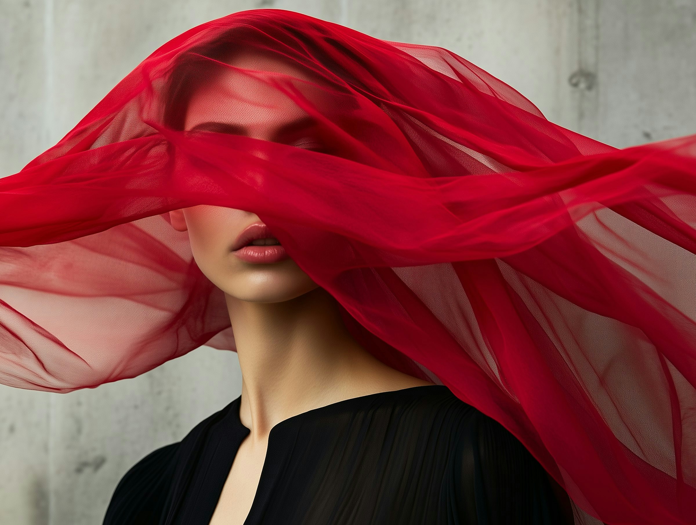 Woman covered in red fabric