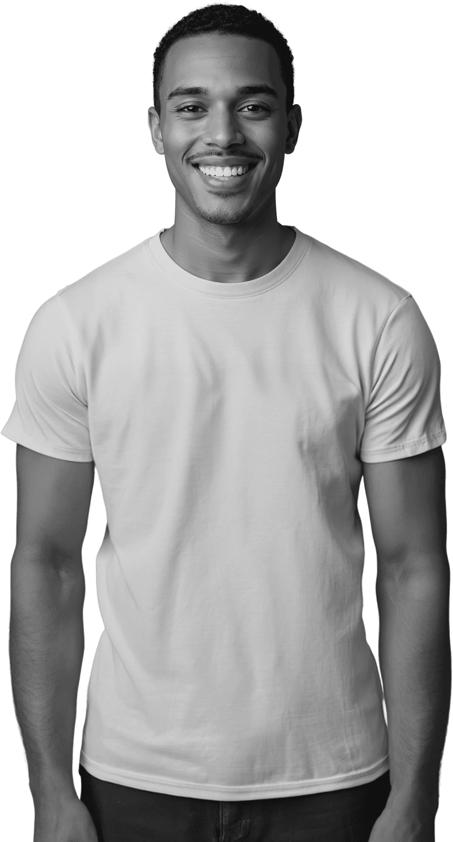 Front view of a smiling man in a blank white crewneck t-shirt, ideal for minimalist photo profile
