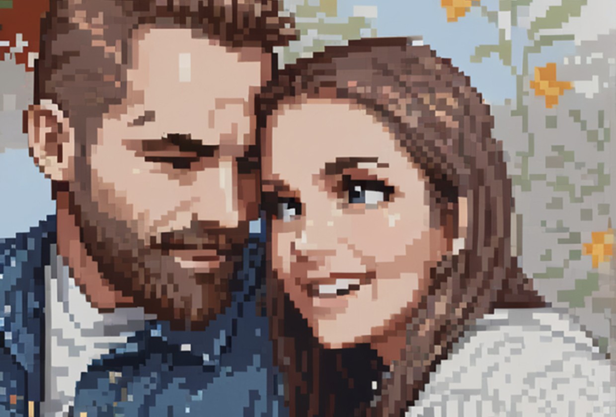 AI pixel art image of a happy couple smiling at each other, with the man sporting a beard and the woman wearing a white sweater, set against a soft floral background.