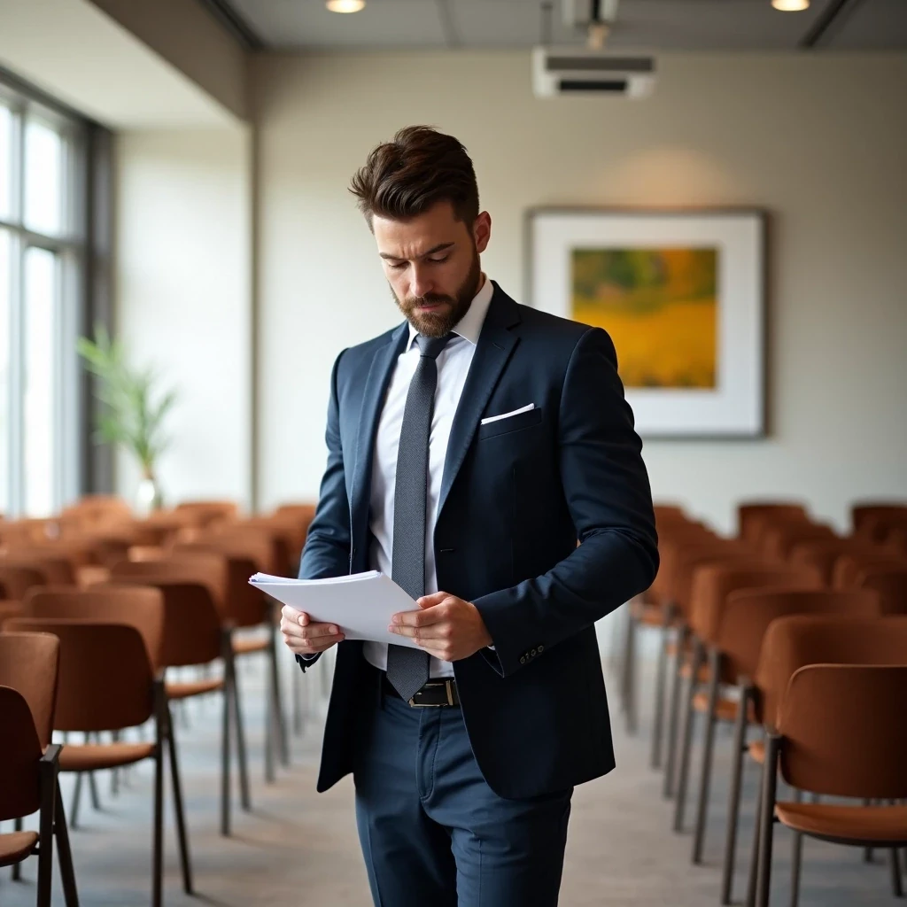 Un formateur entre dans une salle vide pour préparer son intervention, avec calme et concentration.