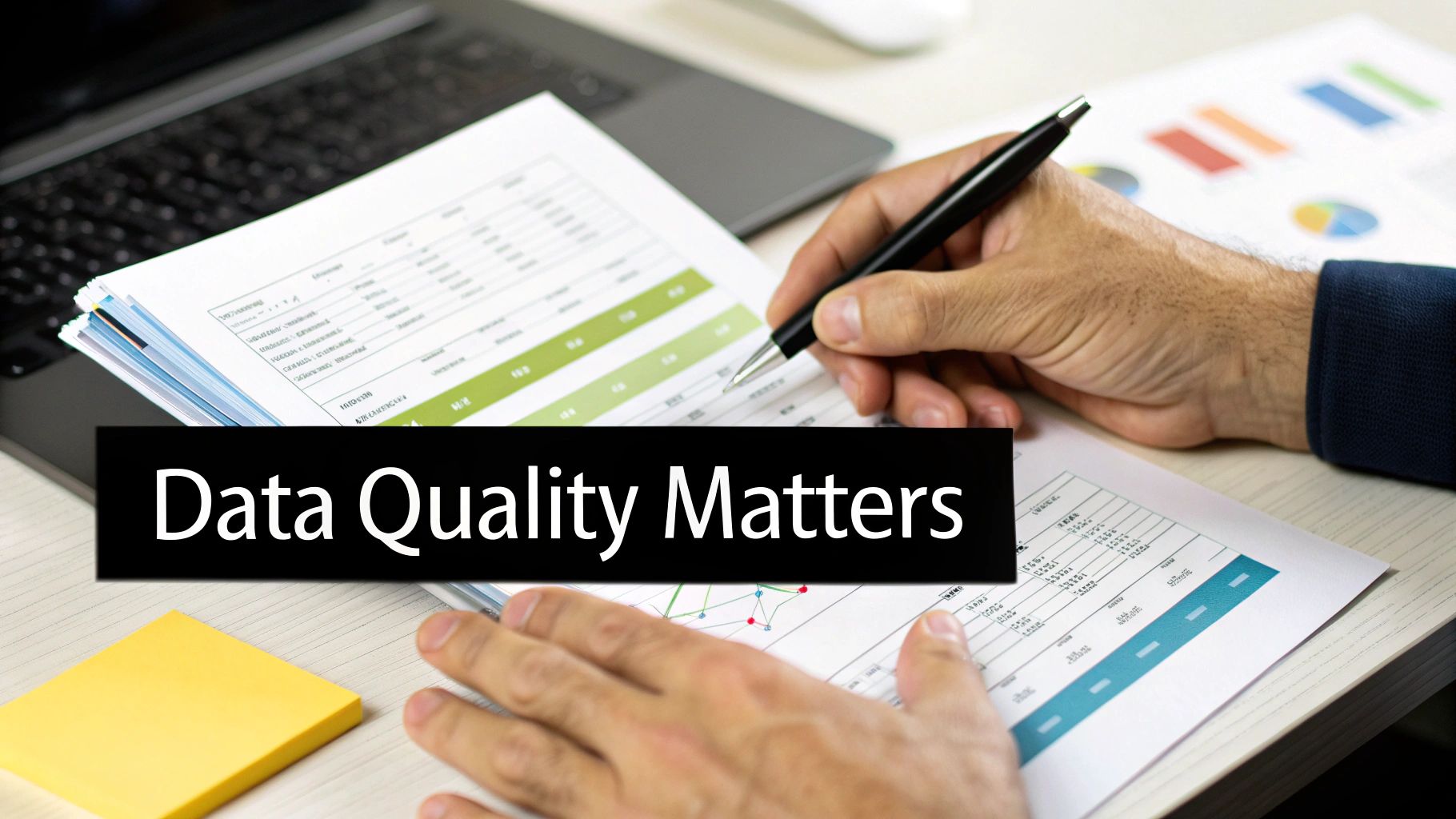 A person reviewing data on documents with charts and a laptop, highlighting 'Data Quality Matters'.