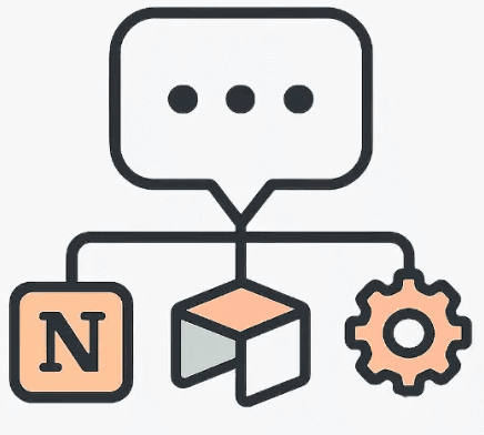Icône flat design représentant un chatbot connecté aux outils internes comme HubSpot, Airtable, Notion ou Pipedrive
