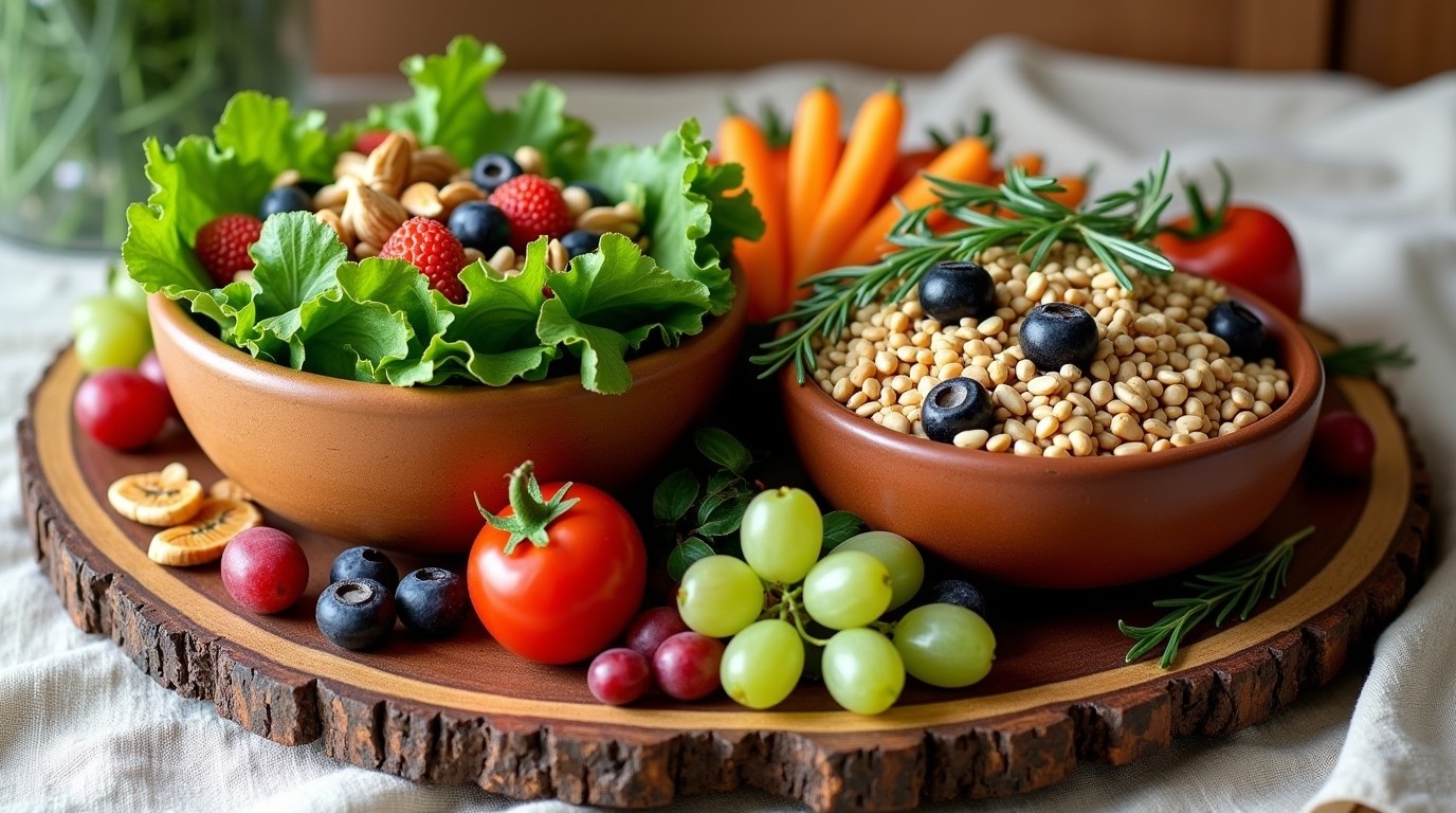 A wood platter full of  nutrient rich food items including fruits and vegetables to support menstrual health