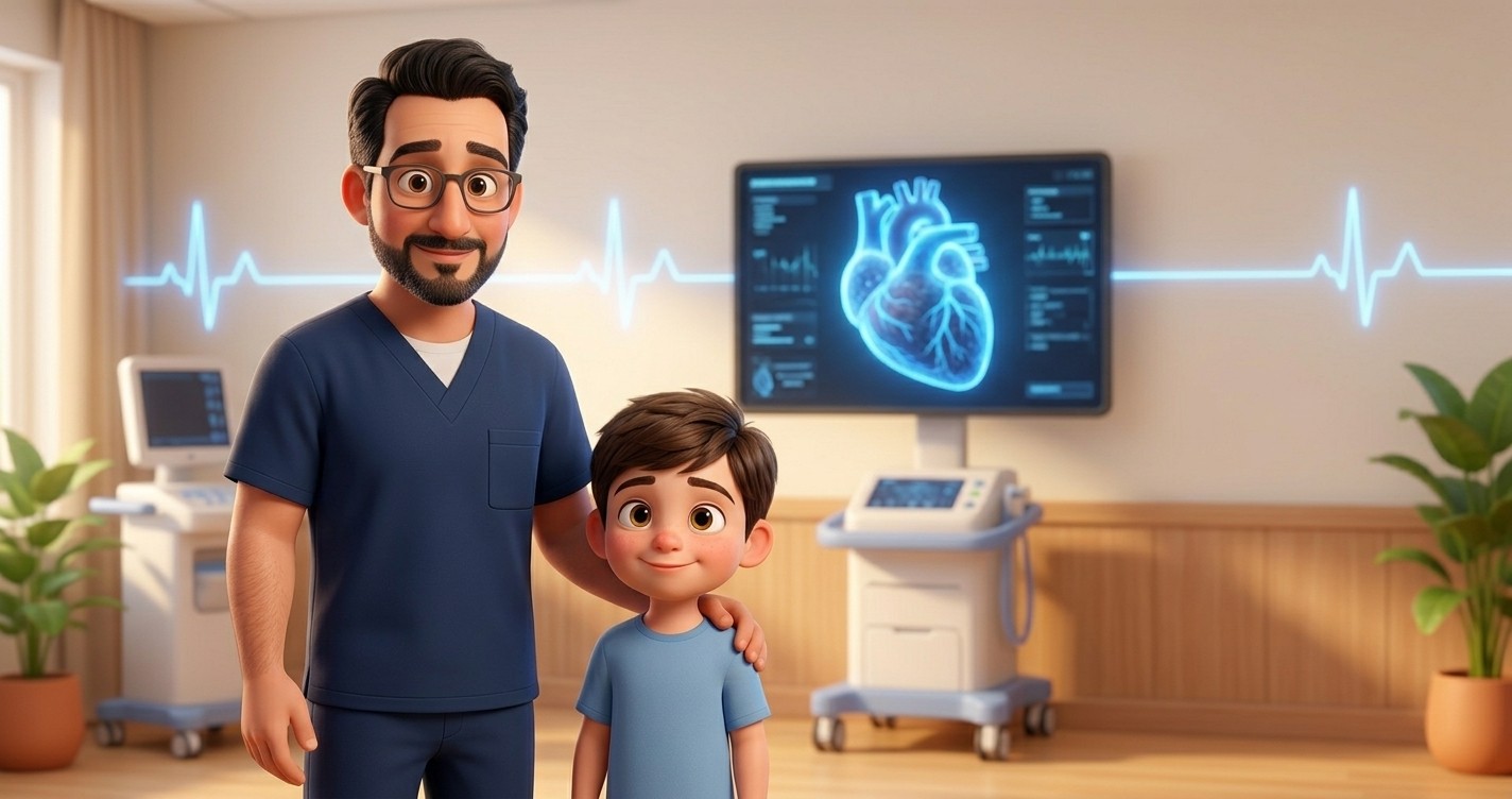 Ilustración del Dr. Ovidio Cortazar, electrofisiólogo cardíaco pediátrico en la Ciudad de México, junto a un niño en la sala de electrofisiología — artículo sobre quién es el Dr. Cortazar y por qué se dedica a las arritmias en niños.