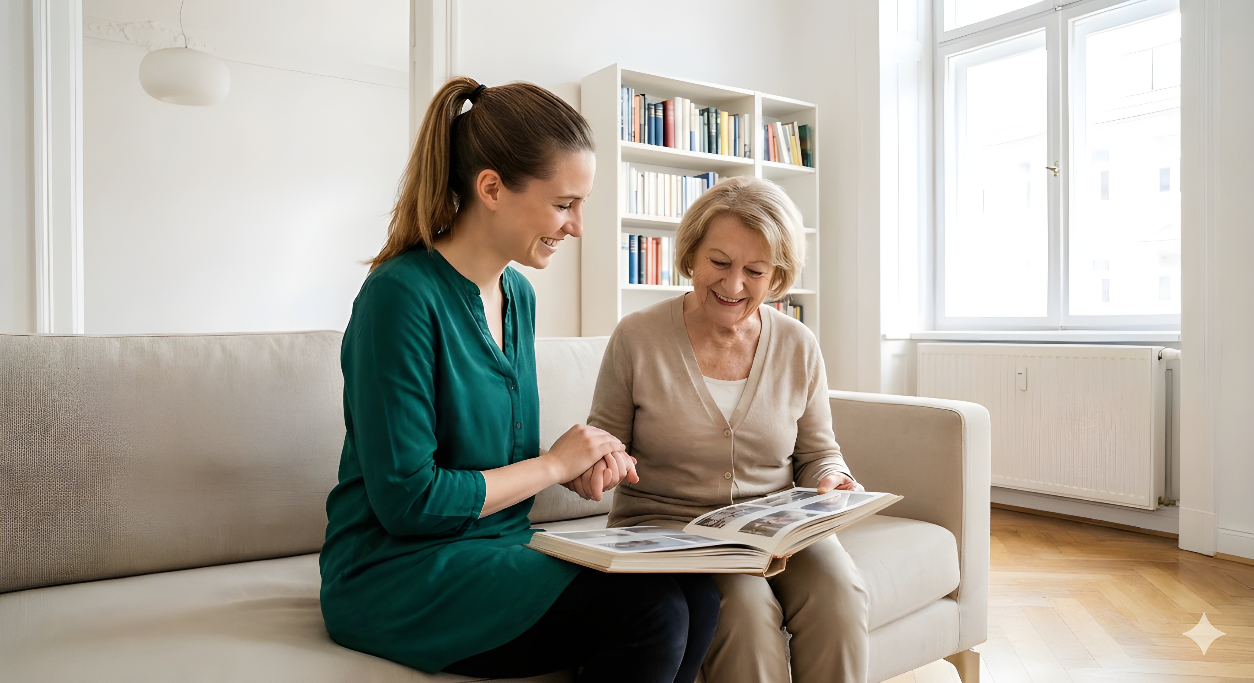 Bild von einer Pflegekraft die mit einer Seniorin durch ein Fotobuch schaut